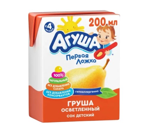 Сок Агуша груша осветленный с 4 месяцев tetrapak 0.2л