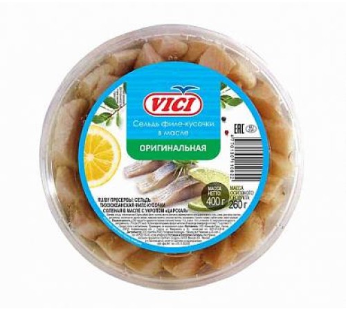 Сельдь филе кусочки в масле оригинальная п/у 1/400г vici любо есть
