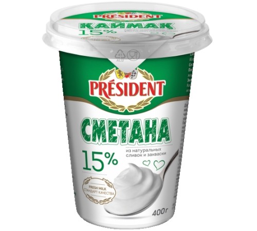 Сметана Президент 15% 400мл пл/ст Павлодар