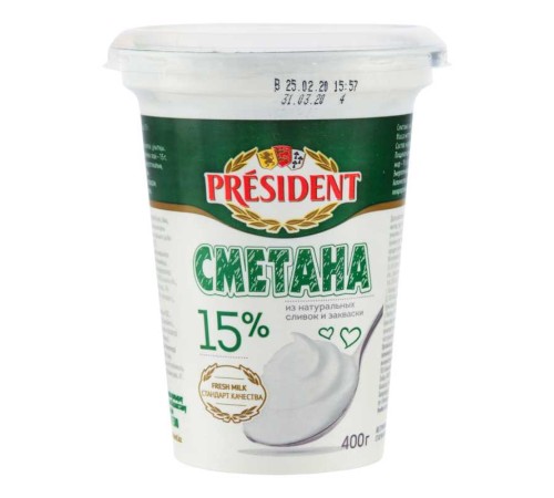 Сметана Президент 15% 400мл пл/ст Павлодар